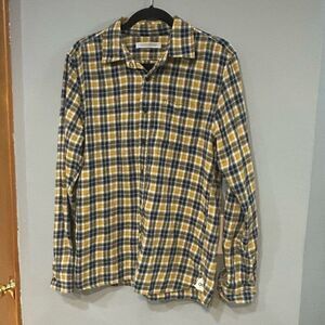 Outerknown yellow and blue plaid organic cotton flannel unisex‎ men’s size S